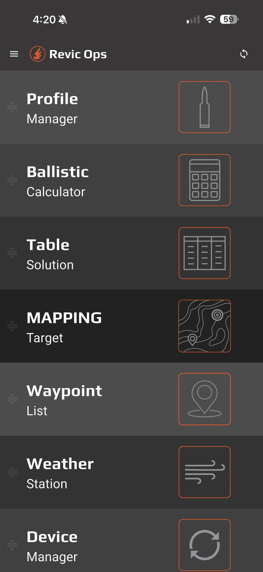 Revic Ops app home screen showing Profile Manager, Ballistic Calculator, Table Solution, Target Mapping, Waypoint List, Weather Station and Device Manager