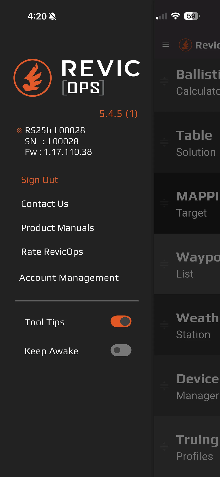 Revic Ops app menu showing the connected RS25b scope, firmware version and settings